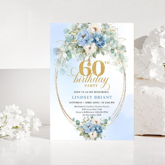 Invitation pour les 60 ans avec motif floral bleu