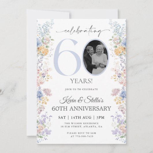 Invitation pour les 60 ans avec photo florale (Devant)