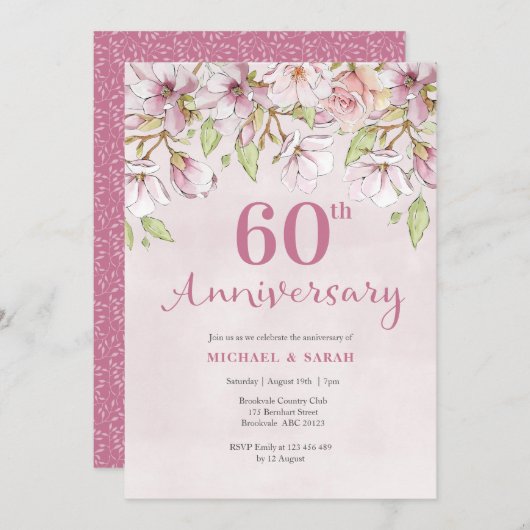 Invitation pour les 60 ans de mariage à fleurs ros (Devant / Derrière)
