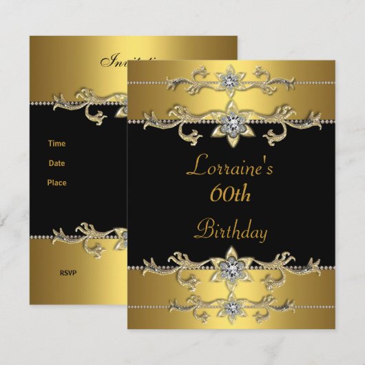 Invitation pour les 60 ans Élégant Noir Or (Devant / Derrière)