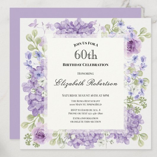 Invitation pour les 60 ans Élégantes Fleurs Violet