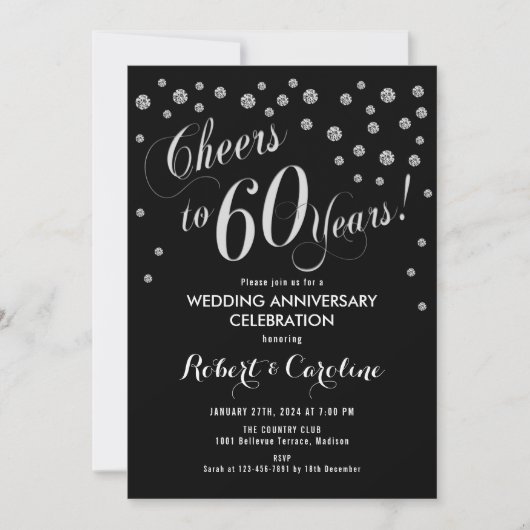 Invitation pour les 60 ans en noir et argent (Devant)
