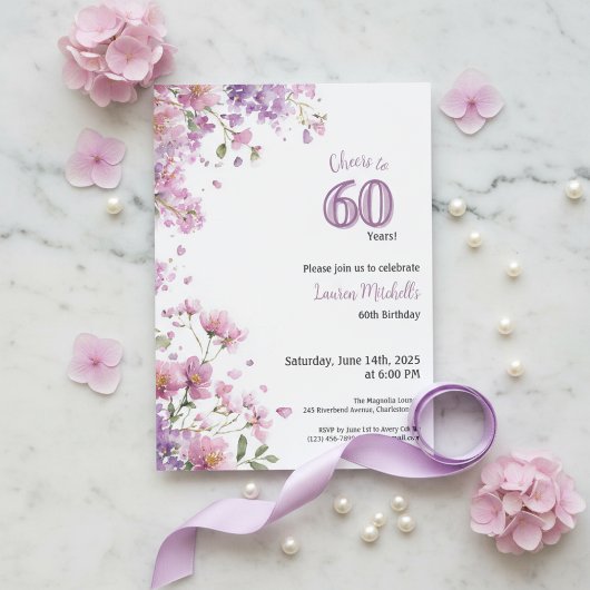 Invitation pour les 60 ans Fleurie Élégante Violet