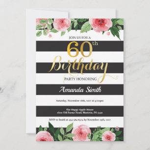 Invitation pour les 60 ans. Floral Or Noir