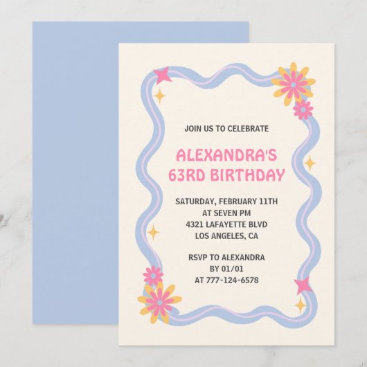 Invitation pour les 63 ans Fleurs bleues rétro fun (Devant / Derrière)