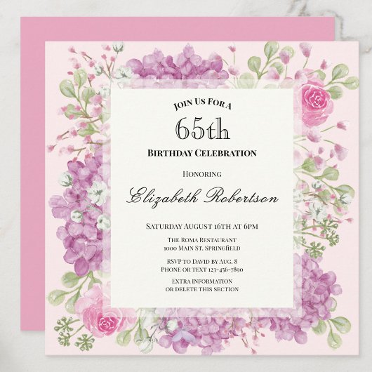 Invitation pour les 65 ans Élégantes Fleurs Roses