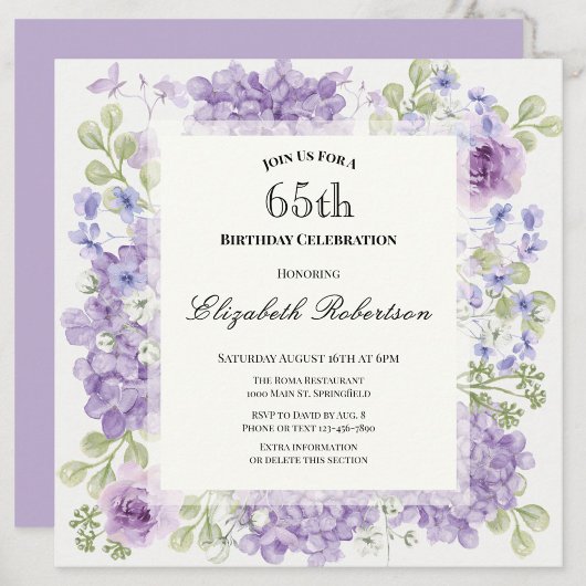 Invitation pour les 65 ans Élégantes Fleurs Violet