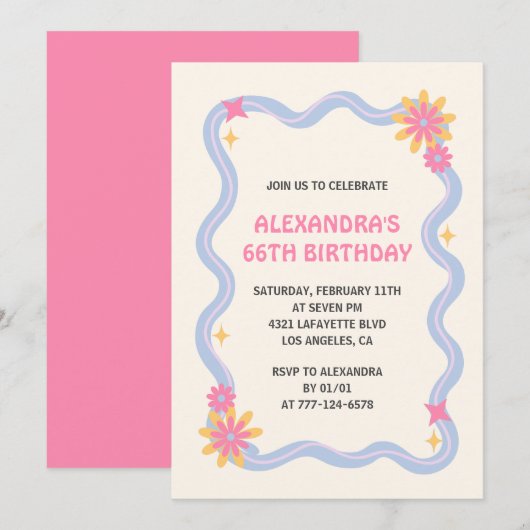 Invitation pour les 66 ans Fleurs roses rétro funk (Devant / Derrière)