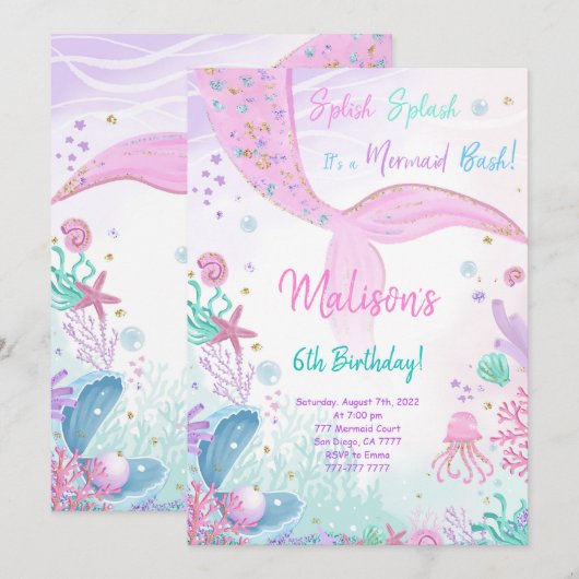 Invitation pour les 6 ans de fête d'enfants sirène (Devant / Derrière)
