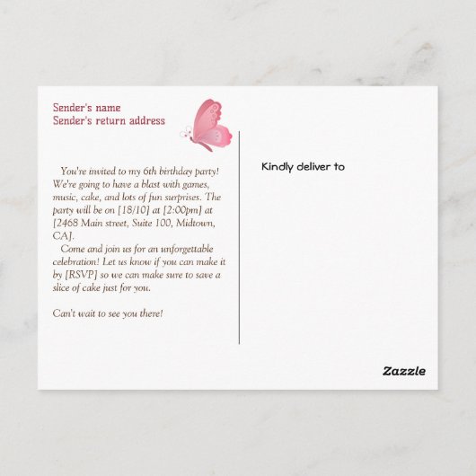 Invitation pour les 6 ans sur le thème du papillon (Dos)