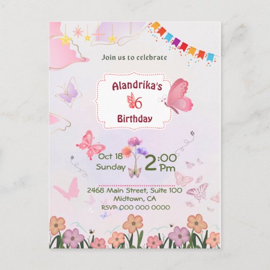 Invitation pour les 6 ans sur le thème du papillon (Devant)