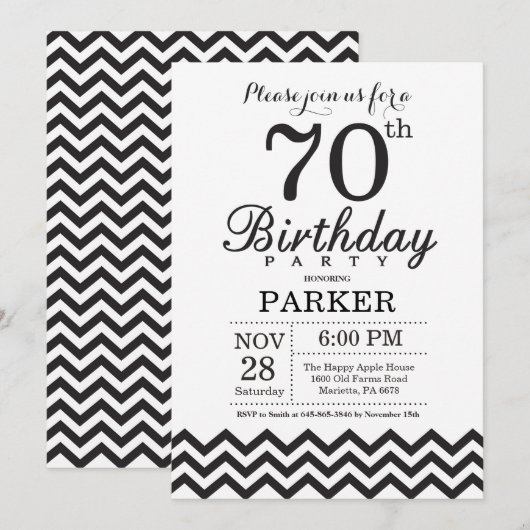 Invitation pour les 70 ans avec Chevron noir et bl (Devant / Derrière)