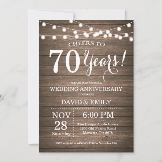 Invitation pour les 70 ans de mariage en bois rust (Devant)