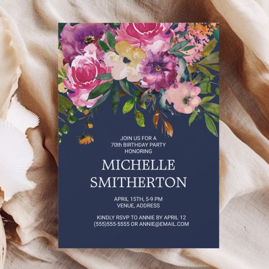Invitation pour les 70 ans Fleur Rose Violet Bleu 