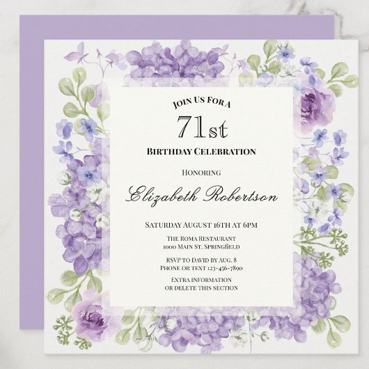 Invitation pour les 71 ans Élégantes Fleurs Violet