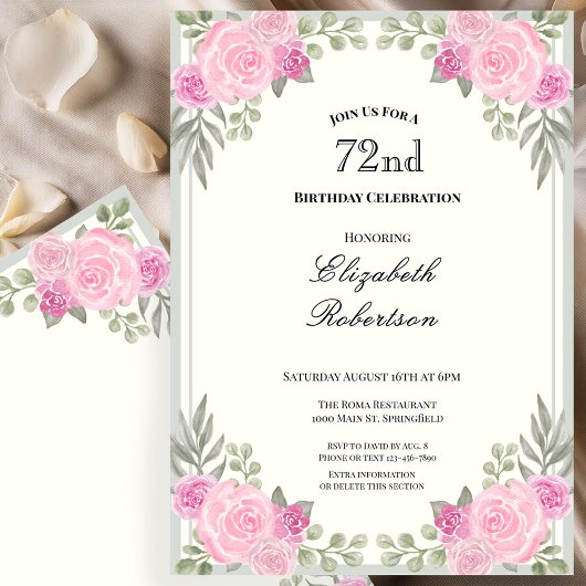 Invitation pour les 72 ans avec des fleurs roses e