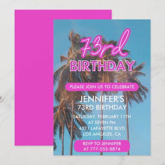 Invitation pour les 73 ans Été Rose Palmier (Devant / Derrière)