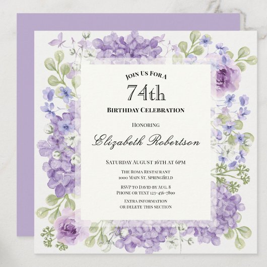 Invitation pour les 74 ans Élégantes Fleurs Violet