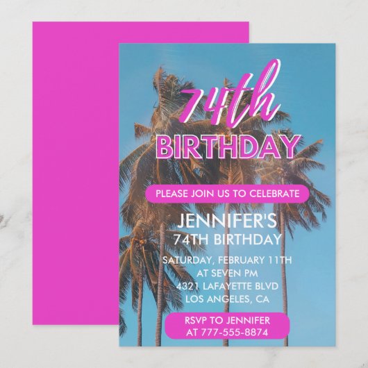 Invitation pour les 74 ans Été Rose Palmier (Devant / Derrière)