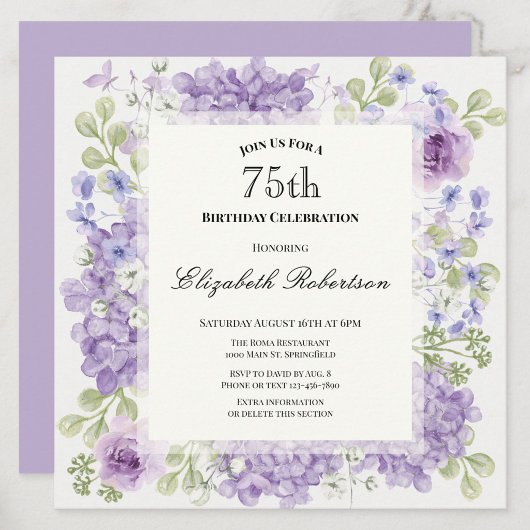 Invitation pour les 75 ans Élégantes Fleurs Violet
