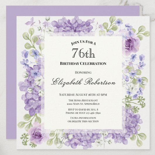Invitation pour les 76 ans Élégantes Fleurs Violet