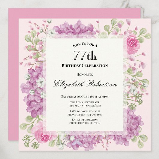 Invitation pour les 77 ans avec des fleurs roses é