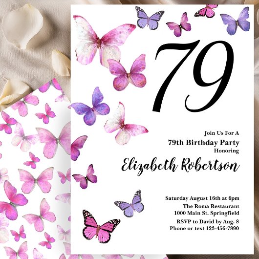 Invitation pour les 79 ans avec papillon en rose/v