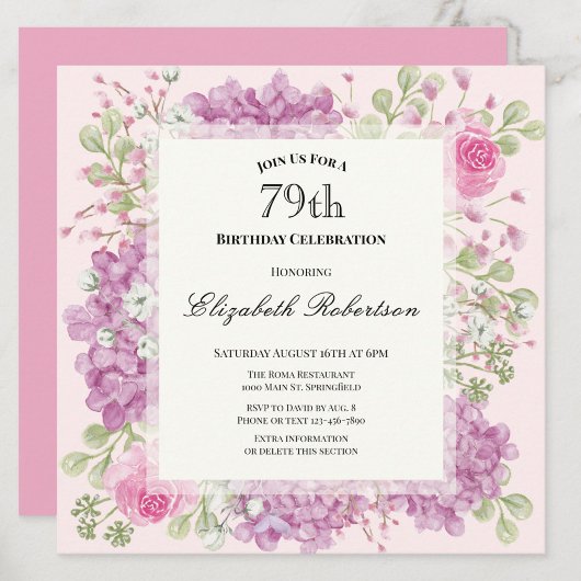 Invitation pour les 79 ans Élégantes fleurs roses