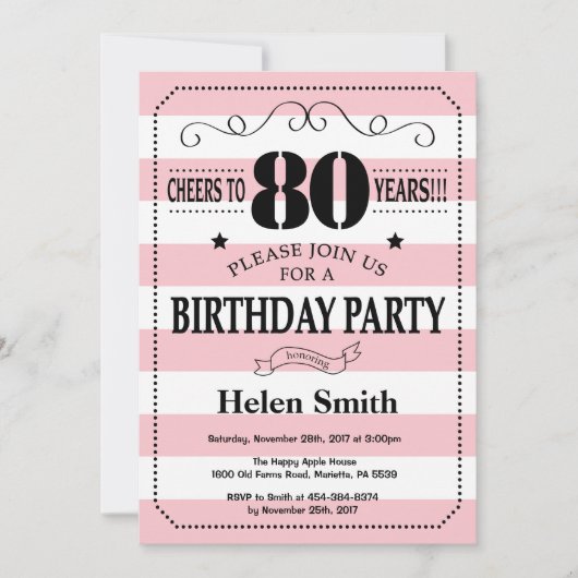 Invitation pour les 80 ans avec rayures roses et b (Devant)
