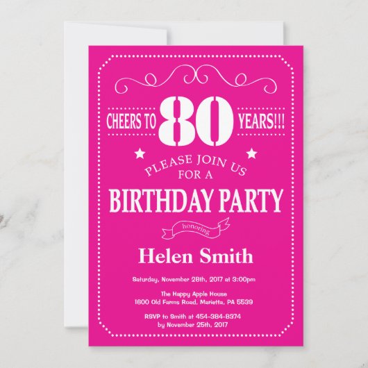 Invitation pour les 80 ans Rose Chaud et Blanc (Devant)