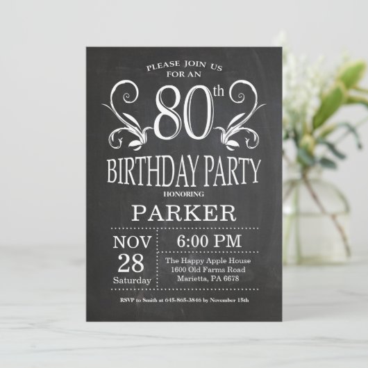 Invitation pour les 80 ans sur tableau noir floral (Debout devant)