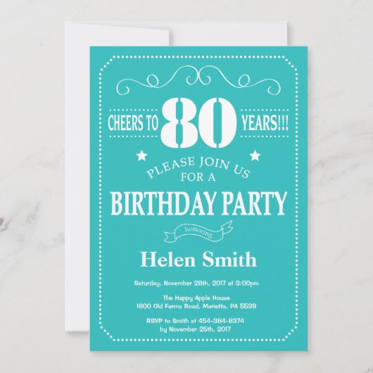 Invitation pour les 80 ans Teal et Blanc (Devant)