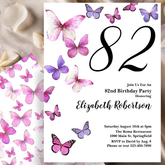 Invitation pour les 82 ans avec papillon rose/viol