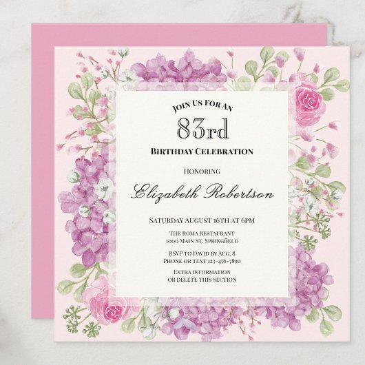 Invitation pour les 83 ans Élégantes Fleurs Roses