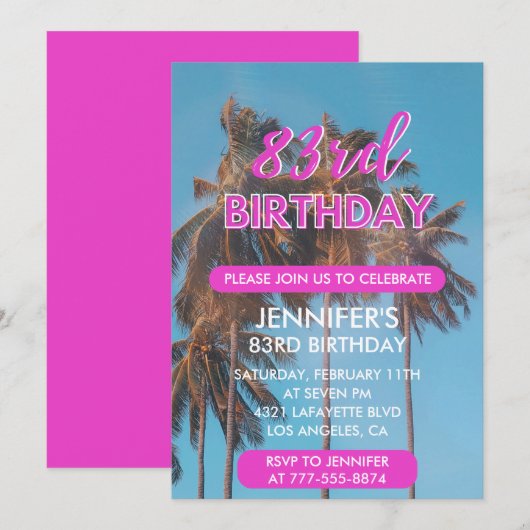 Invitation pour les 83 ans Été Rose Palmier (Devant / Derrière)
