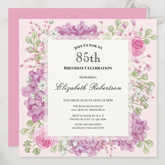 Invitation pour les 85 ans Élégantes Fleurs Roses