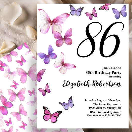 Invitation pour les 86 ans avec papillon rose/viol