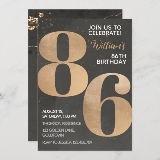 Invitation pour les 86 ans noir et or (Devant / Derrière)