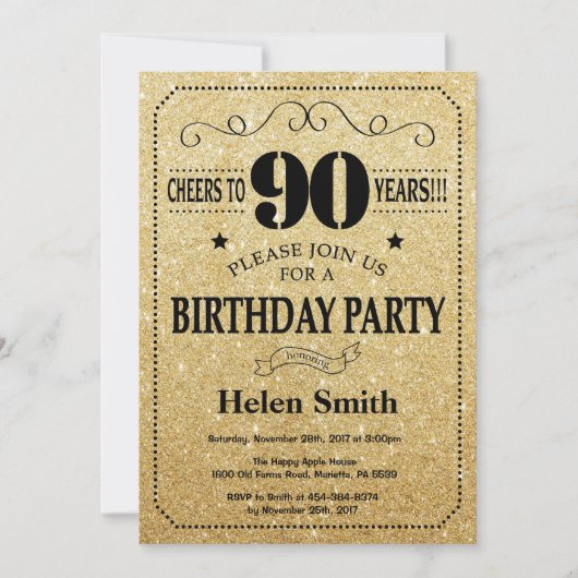 Invitation pour les 90 ans avec paillettes noires (Devant)