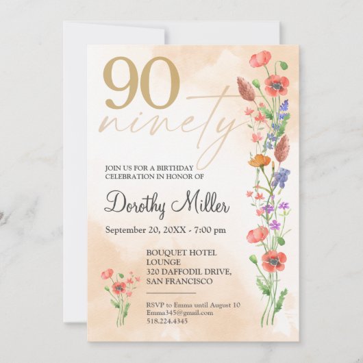 Invitation pour les 90 ans de douce Wildflower (Devant)