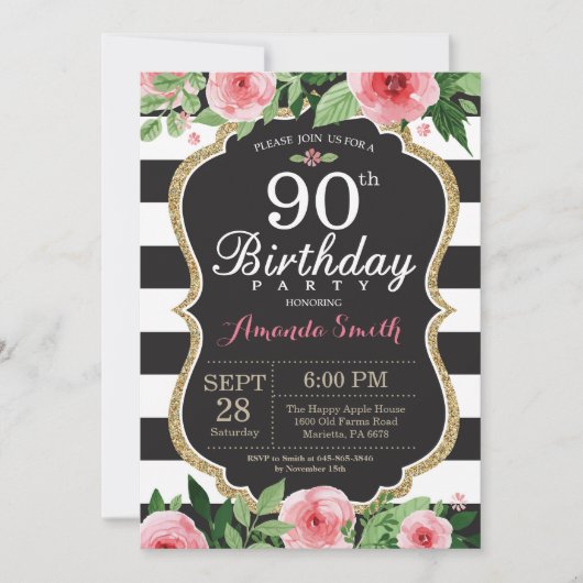 Invitation pour les 90 ans. Fleurs Or Noir (Devant)