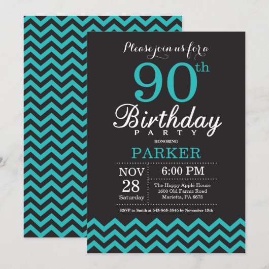 Invitation pour les 90 ans Noir et Turquoise (Devant / Derrière)