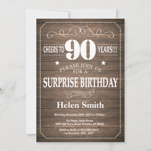 Invitation pour les 90 ans Surprise Rustique (Devant)