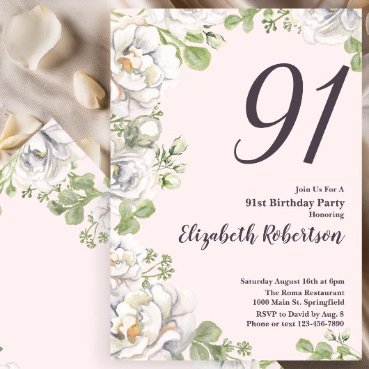 Invitation pour les 91 ans Teinte Rose Florale Piv