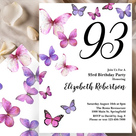 Invitation pour les 93 ans avec papillon en rose v