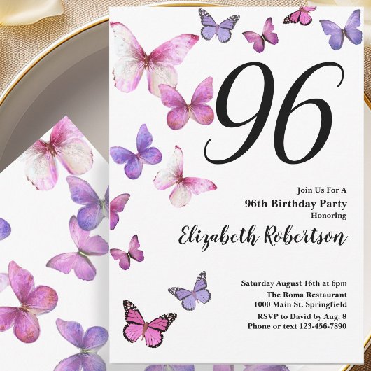 Invitation pour les 96 ans avec papillon en rose v