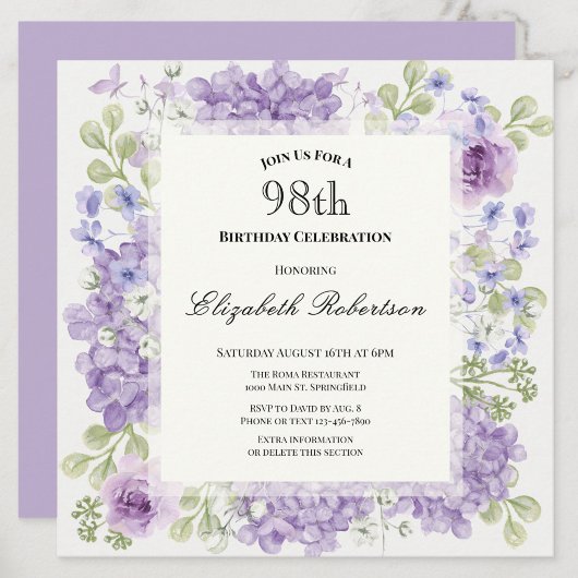 Invitation pour les 98 ans Élégantes Fleurs Violet