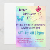 invitation pour les cinq ans avec un papillon (Devant / Derrière)