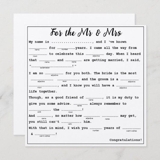 Invitation Pour les libs Mr & Mrs M Guest (Devant / Derrière)