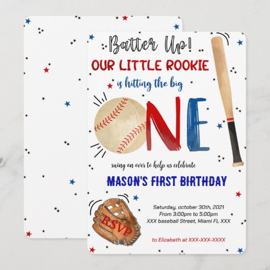Invitation pour premier anniversaire de baseball (Devant / Derrière)